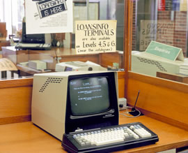 LoansInfo on a computer terminal in the Library, 1984