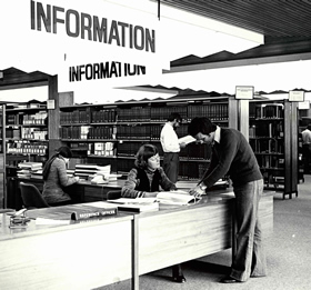 Clients at the information desk, 1980s