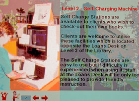 A self-service book checkout terminal in the Library, 1994 (screenshot taken from the LibTrek Library tour).