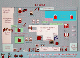 Screeshot from LibTrek showing the location of services and collections on level three, 1994.