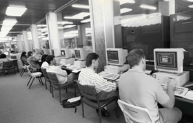 Clients using networked CDROM journal indexing databases in the Electronic Information Centre on level three of the Robertson Library, early 1990s