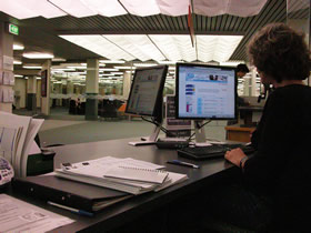 The reference and loans desk formed an integrated service point on level two in 2008.