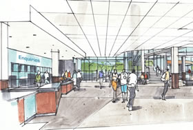 Artist's perspective of level two, looking towards the east entrance with the new staircase linking levels two and three visible on the right. 
