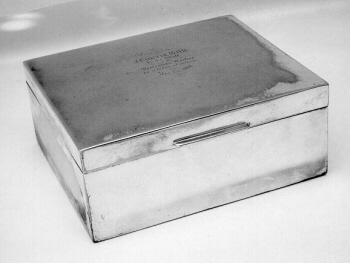 JCPML. Records of John Curtin. Silver cigarette box presented to John Curtin by Staff of the Westralian Worker 7-12-1928. Engraved. JCPML00287/3 