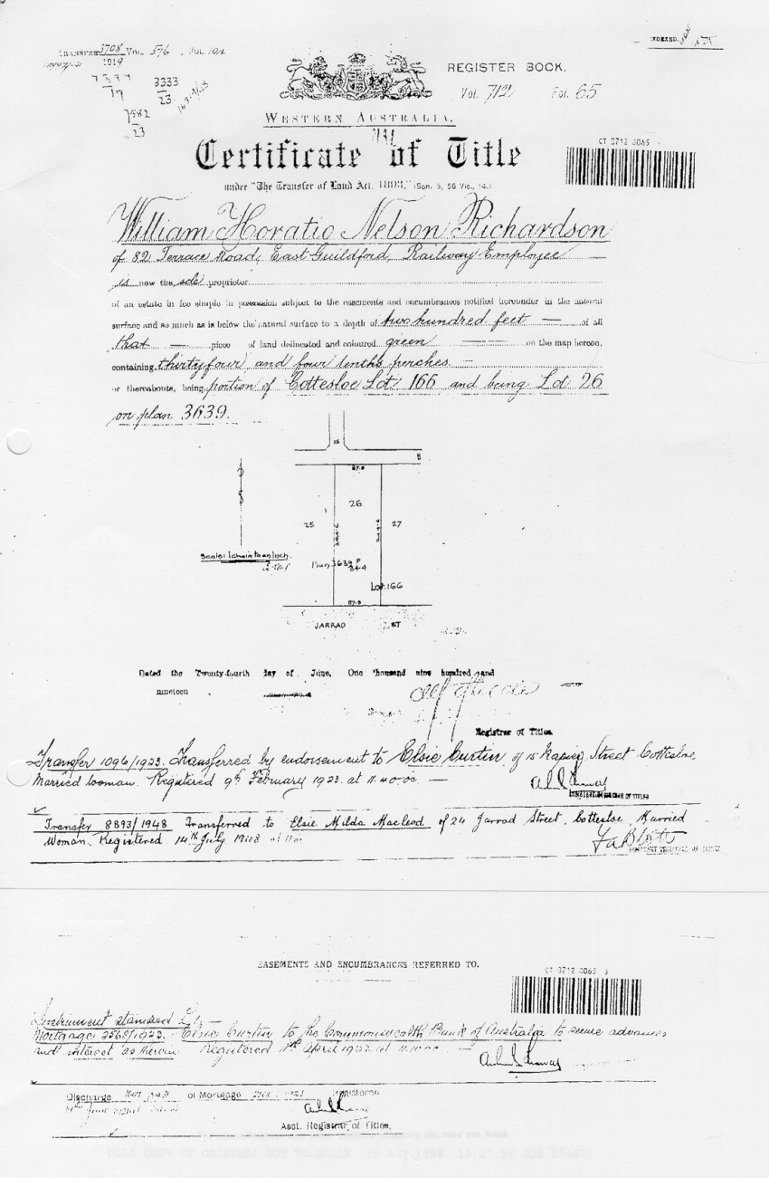 Title and mortgage for the house at 24 Jarrad St, Cottesloe. Elsie Curtin was the title holder. 