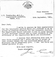JCPML. Records of John Tonkin.  Letter of thanks to John Tonkin from John Curtin, 20 September 1943 for campaign help. JCPML00028/1.