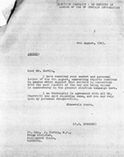 JCPML. Records of Sir Percy Spender.  Reply from Percy Spender to John Curtin re confidentiality during election campaign, 4 August 1943. JCPML00528/3.