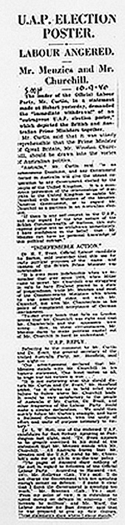 JCPML. Records of Arthur Calwell. "UAP Election Poster" Sydney Morning Herald, 10 September 1940. JCPML00694/1/40.