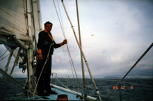 Jon Sanders at sea on board the Parry Endeavour, 30 September to 9 October 1986. CUL00039/19/2.