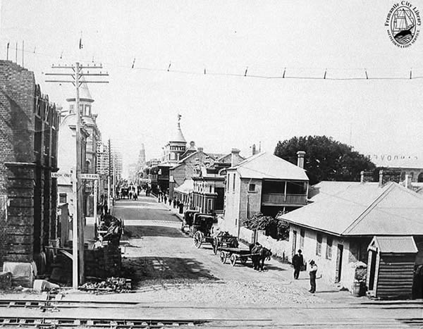 High St, Fremantle, looking east from the railway line, c 1901.