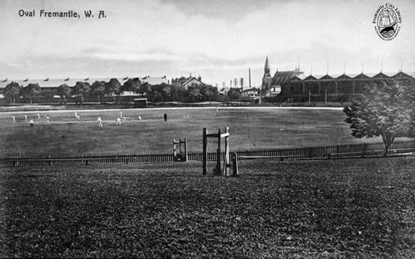 A cricket match in progress on Fremantle Oval, pre 1914.