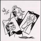 Cartoon by John Frith - Self portrait with Bob Hawke and Malcolm Fraser, 1983, on flyer for original Old Parliament House exhibition