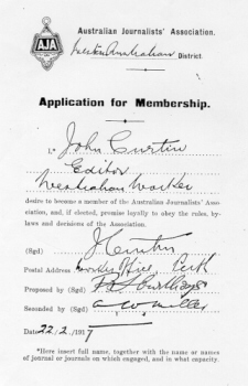 John Curtin's membership application for the Australian Journalists' Association, 1917.