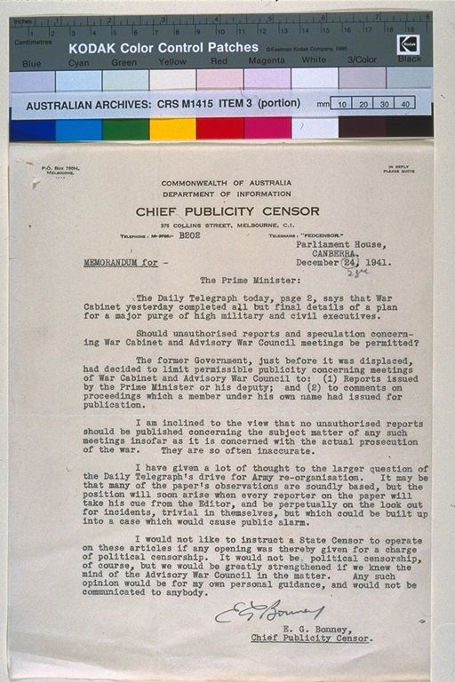 Memo to PM Curtin from Chief Publicity Censor, December 1941