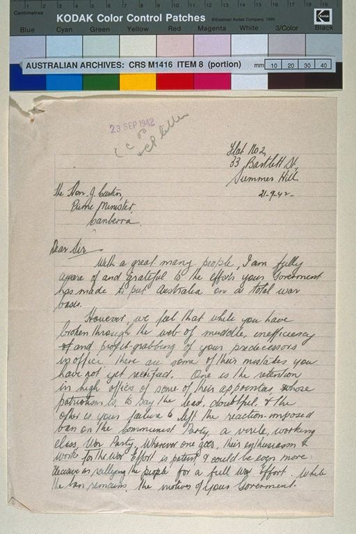 Letter from G Bardsby to PM John Curtin, 21 September 1942, page 1
