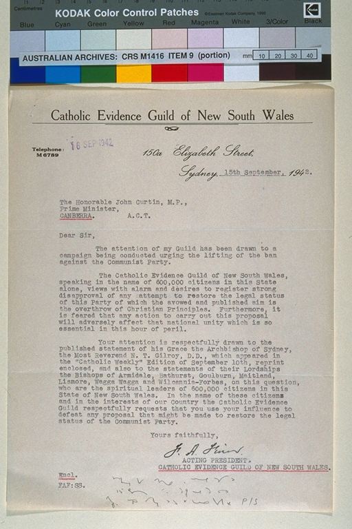Letter to John Curtin from  FA Finn, 15 September 1942
