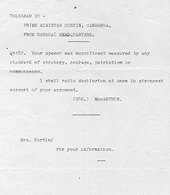 Telegram from General MacArthur to John Curtin re speech, ca 1943.