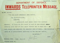 Telegram from MacArthur in reply to Curtin's birthday telegram, 28 January 1944.