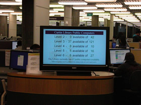 Clients could check the availability of computers in Robertson Library via these large screen displays, 2008.