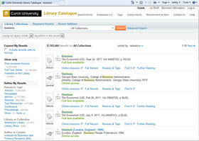 Screenshot of results page of a search on 'business' in the catalogue, 2012