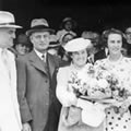 John Curtin is greeted at Perth Railway Station by his wife and daughter and the Lord Mayor of Perth (left) on his first visit home as prime minister, January 1942. JCPML00382/58.