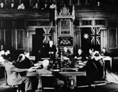 New Zealand Prime Minister Peter Fraser (standing) addresses Parliament during the Australia-New Zealand conference. National Library of Australia: MS 4936