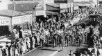 Military band leading funeral procession, 1945