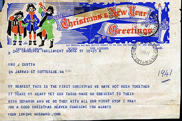 Christmas and New Year greetings telegram from John Curtin, 1941  (opens in new window)