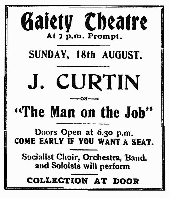 Advertisement for a public lecture by John Curtin, 1912