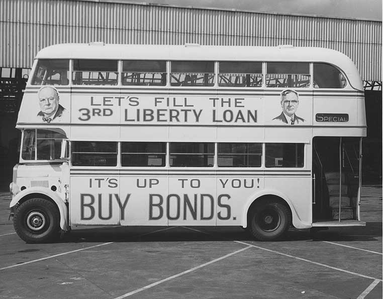 A double-decker bus advertising Liberty bonds, Sydney, 1943