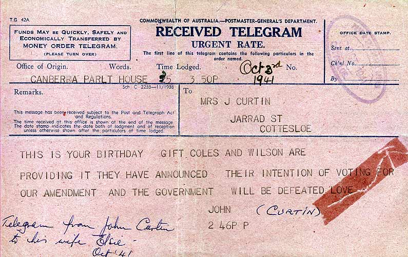Telegram from John Curtin to Elsie Curtin, 1941