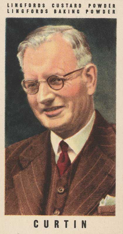 'British War Leaders' collectors' card depicting John Curtin, 1950