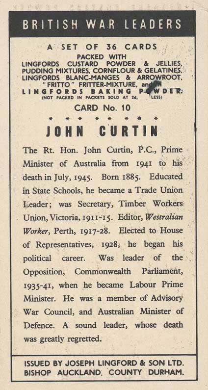 'British War Leaders' collectors' card depicting John Curtin, 1950