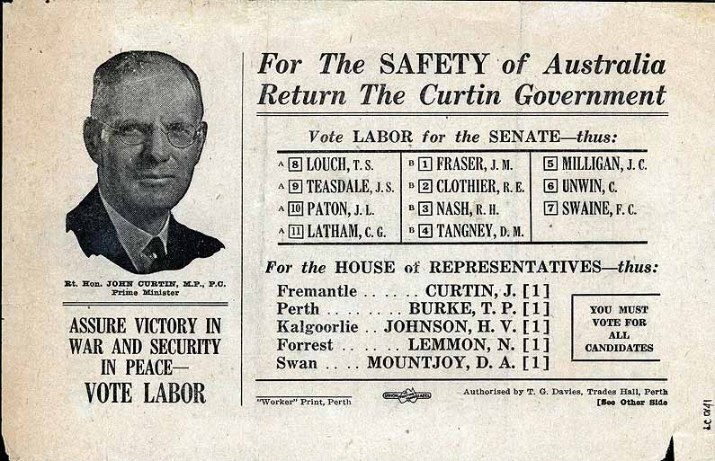 Australian Labor Party flyer for the 1943 federal elections