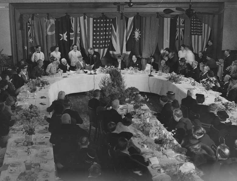 John Curtin and Eleanor Roosevelt at an official dinner, Canberra, 1943
