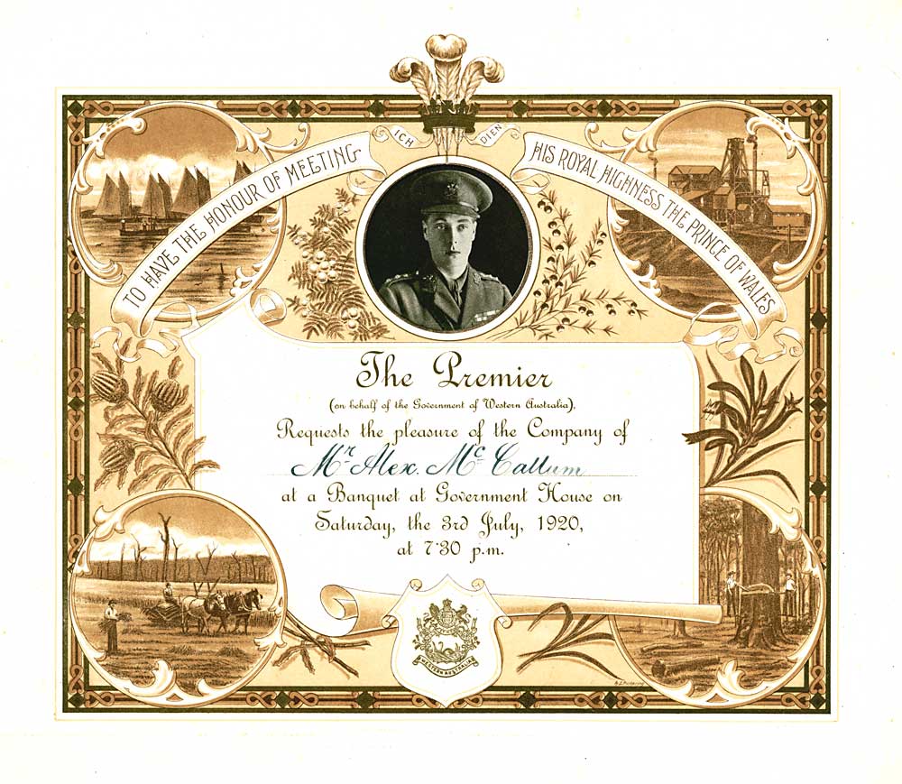 Invitation to banquet with the Prince of Wales, Perth, 1920