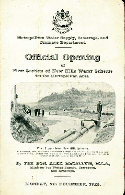 Program for opening of Hills Water Scheme for Perth and Fremantle, 1925