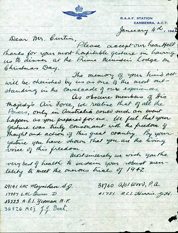 Letter from RAAF airmen to John Curtin, 1942
