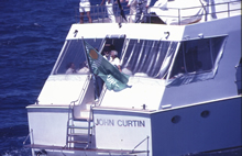 Curtin Vice-Chancellor Don Watts aboard the John Curtin, 29 January 1987. CUL00039/17/49.
