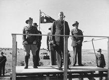 Robert Menzies speaking to troops in the Middle East, 1941. Original held by National Library of Australia MS 4936 Series 9, Box 342 1940’s-1950’s, Folder 4. JCPML00916/7.