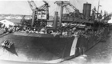 City of Canterbury preparing to leave Port Melbourne with Tatsuo Kawai on board along with other Japanese citizens on diplomat exchange program, 1942. Records of Bob Wurth. JCPML01224/103. 