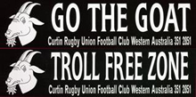 2 bumper stickers for the Curtin University Rugby Club. From a student project by Lisa Vance, 1996.