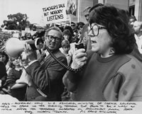 Curtin University Library. Carmen Lawrence Collection. Records of Carmen Lawrence. Carmen Lawrence as Education Minister, addresses striking teachers in Perth, [1988?]. CUL00014/1/3
