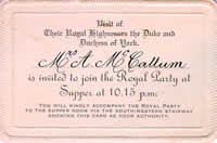 Invitation to supper with the Duke and Duchess of York, 1927