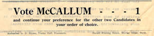 Excerpt from election flyer endorsing Alex McCallum for seat of South Fremantle, 1920
