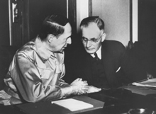 Prime Minister John Curtin and US General Douglas MacArthur, 194? Original held by National Archives of Australia. JCPML00178/8.