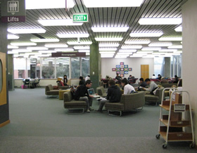 Clients making use of the wireless network and comfortable seating on level three, 2008.