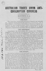 Flyer, Australian Trades Union Anti-Conscription Congress, Manifesto No. 2, 26 September 1916. JCPML00398/7