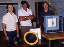 Kim Klaka, Jon Sanders and Tim Pauly with Raytheon equipment, ca 1986. CUL00039/11/44.