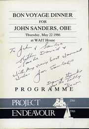 Invitation to Jon Sanders' Official Bon Voyage Dinner, signed by Jon Sanders. 